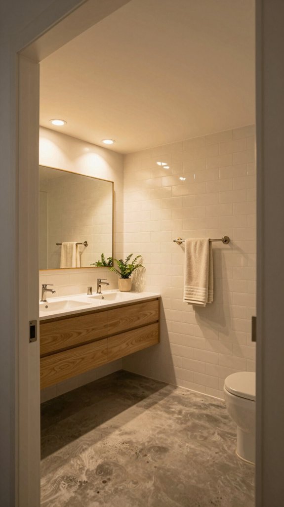 16 Basement Bathroom Ideas That Feel Bright and Inviting 5 warm neutral lighting choice