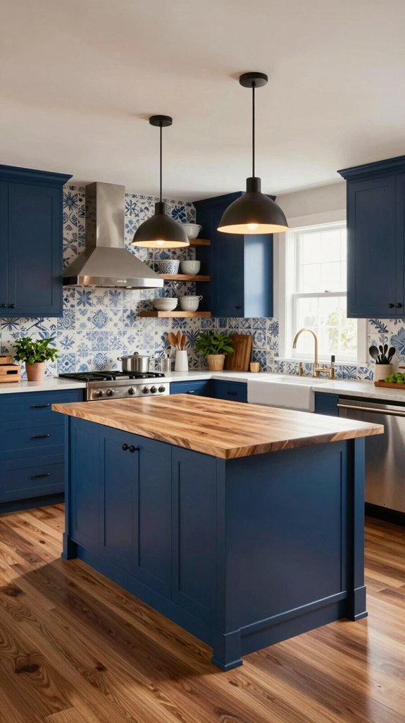 warm wood accents elevate blue