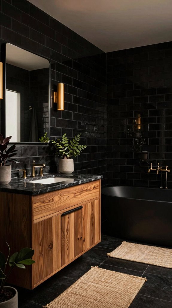 17 Black Bathroom Ideas That Feel Bold and Luxurious 8 warm wood contrasting elegance