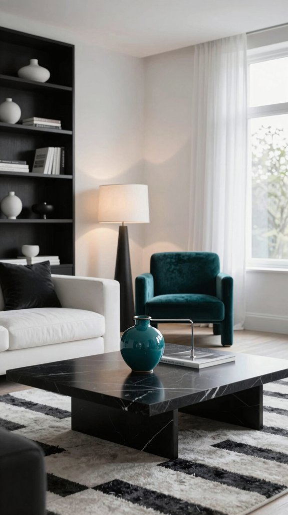 Black and White Interiors: Accent Colors That Complete the Look 9 accent hues match material tones