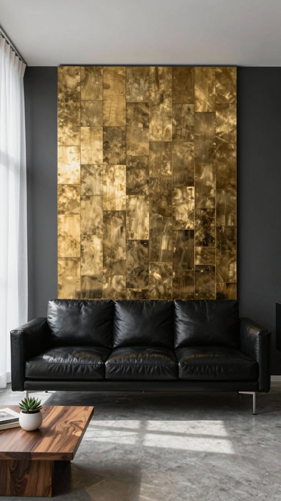 black sofa with brass accents