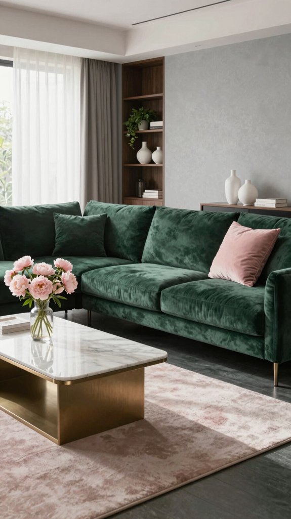 blush pink accents in hunter green