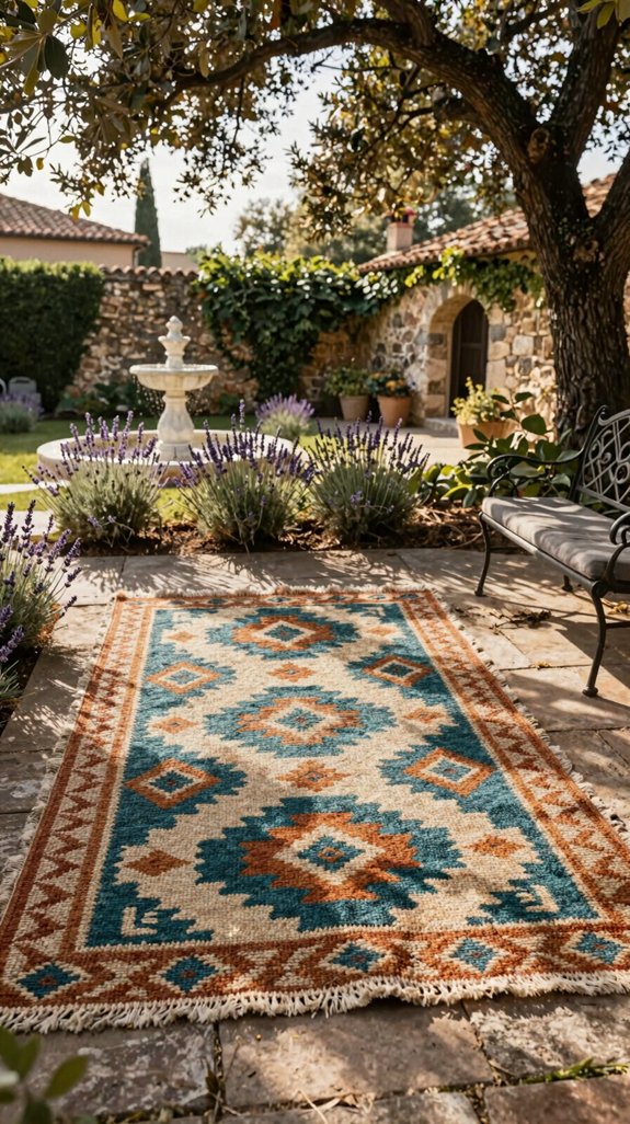 21 European Backyard Ideas for a Charming Outdoor Space 18 bohemian geometric outdoor rug