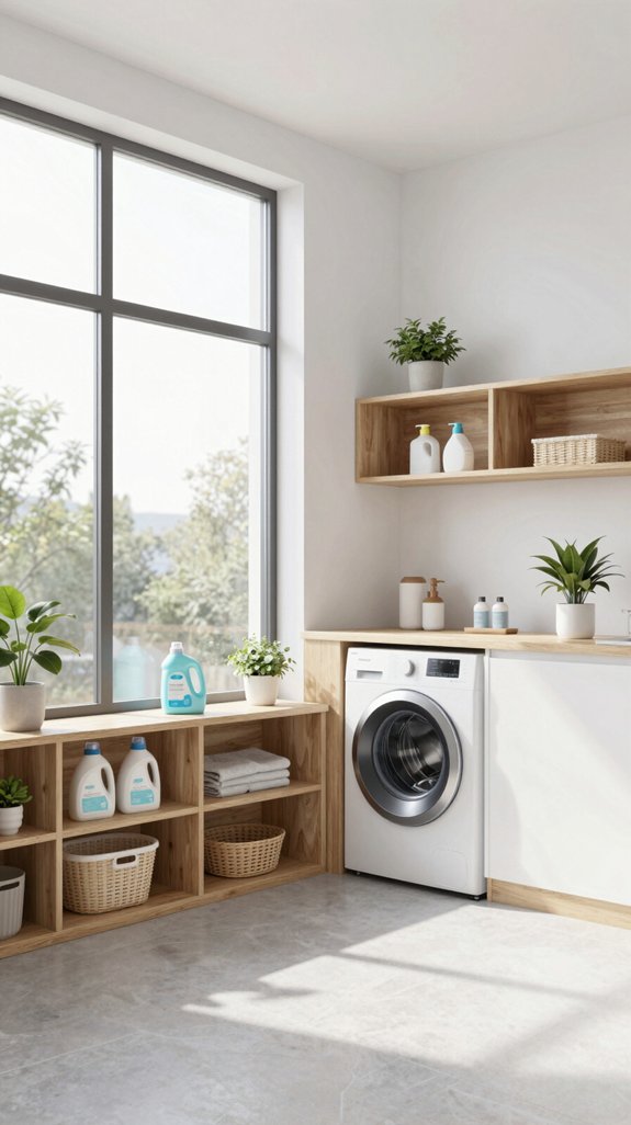 22 Modern Laundry Room Ideas for Sleek Spaces 8 bright windows and open shelving