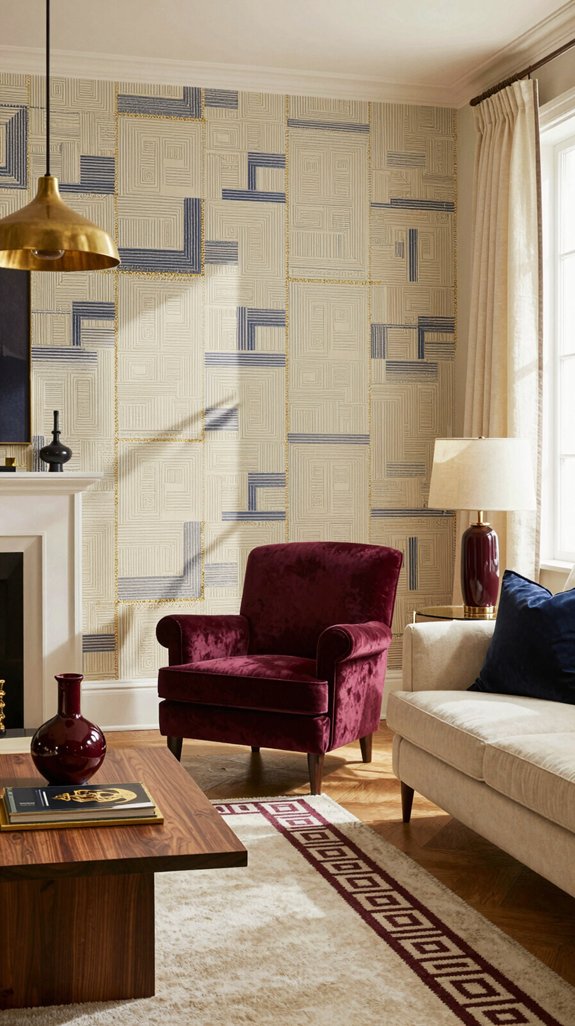 burgundy with patterned wallpaper