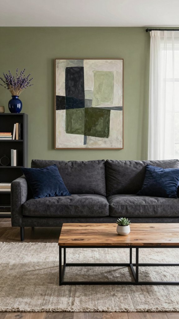 Olive Green Interior Color Pairings That Feel Natural and Relaxed 6 charcoal navy textural contrast