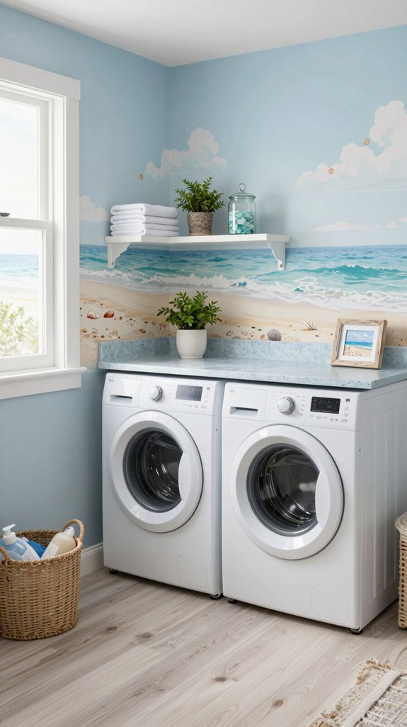 coastal wallpaper enhances laundry room
