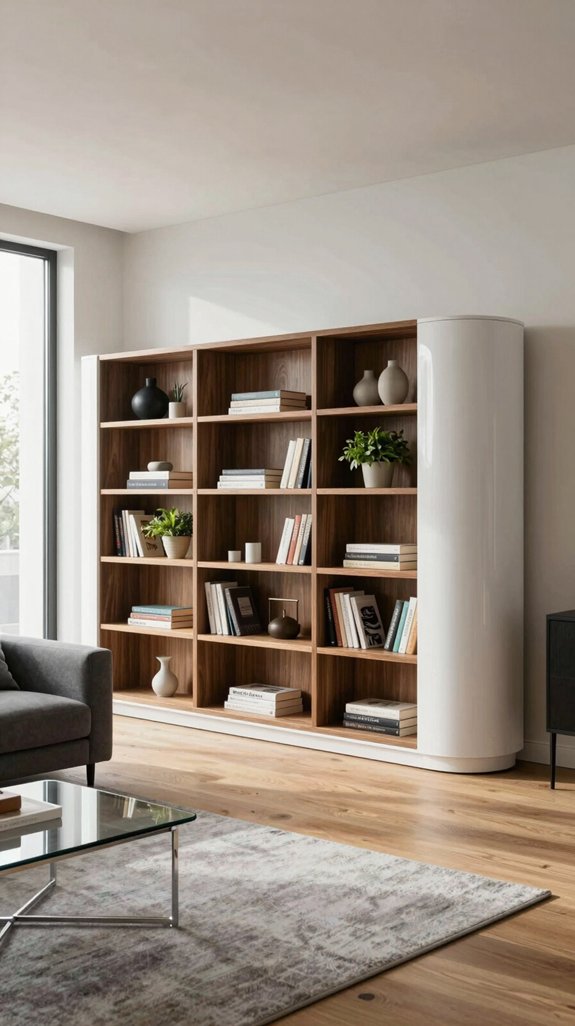 curved walnut bookcase divider