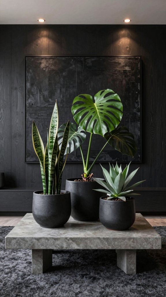18 Masculine Interior Design Ideas for Living Rooms 15 dark pots bold foliage contrast