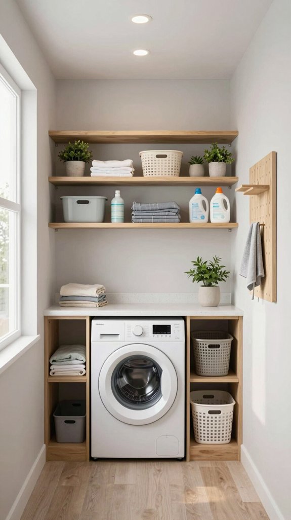 17 Narrow Laundry Room Ideas That Feel Spacious 3 efficient open shelving design
