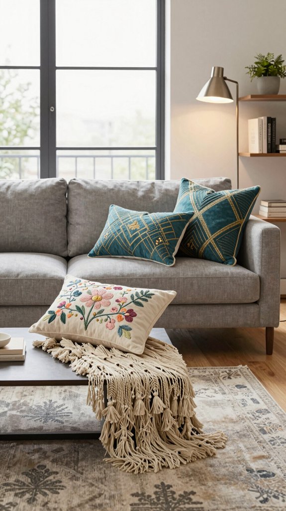 embroidered pillows and textures