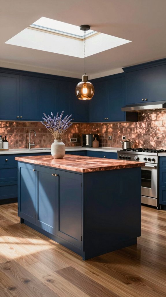 indigo cabinets with metallic backsplash
