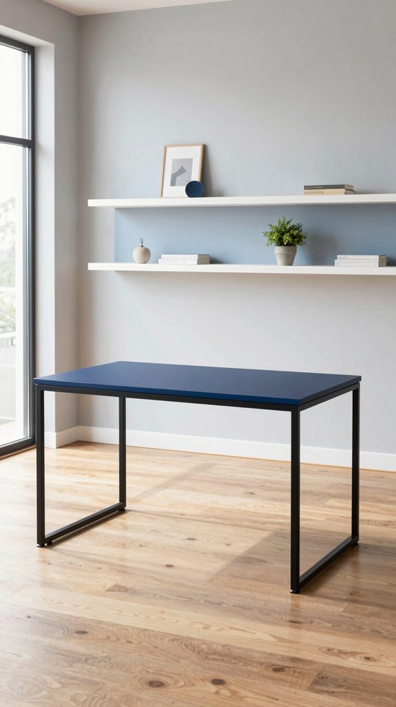 indigo desk with minimalist shelving