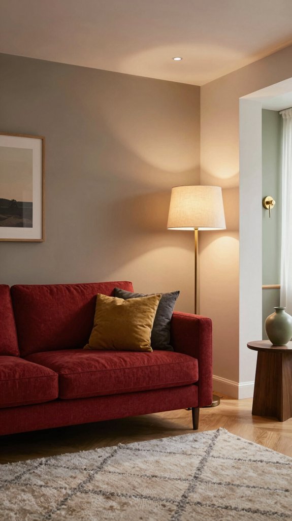 layered lighting for red sofa