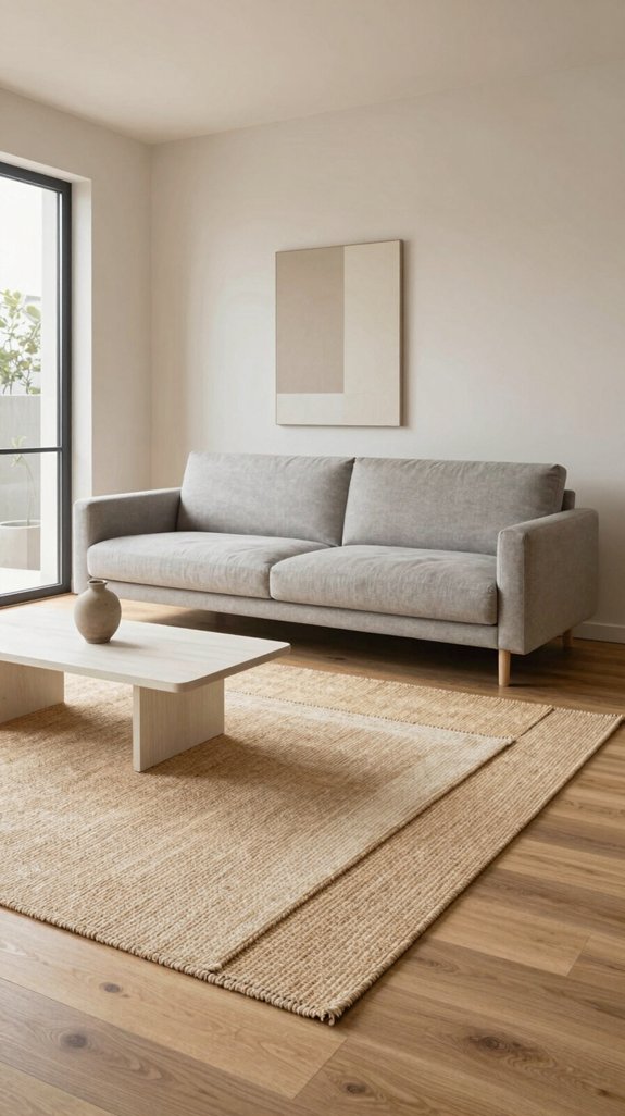 17 Modern Minimalist Living Room Interior Design Ideas 4 layered natural fiber rugs