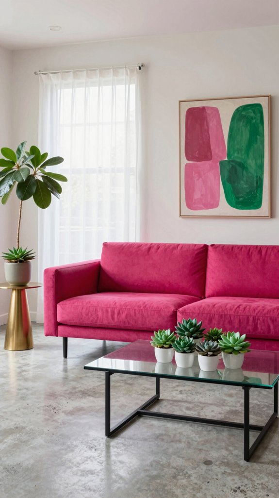 magenta sofa with emerald foliage
