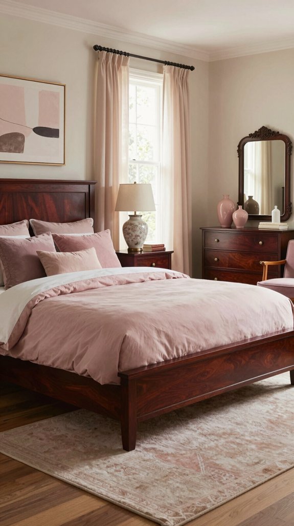 mahogany bedroom with dusty pink accents