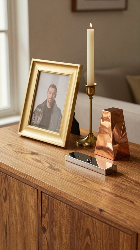 metallic accents enhance oak