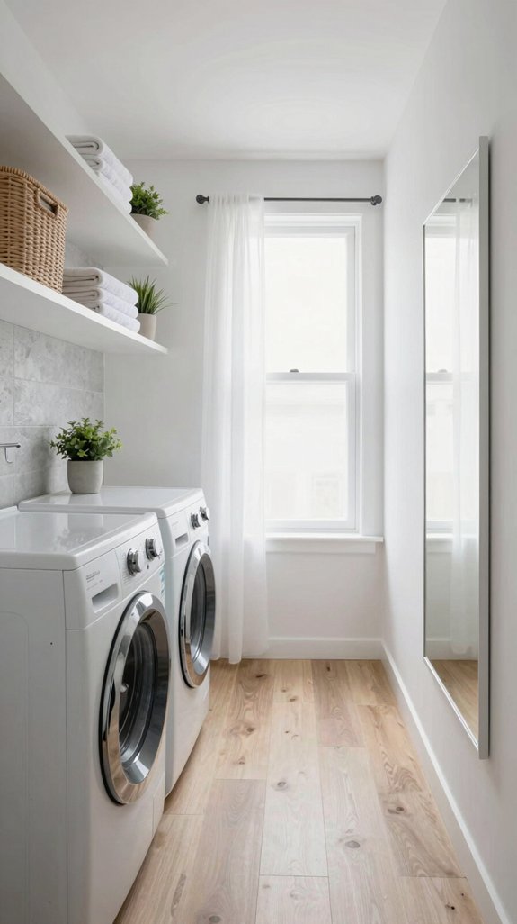 17 Narrow Laundry Room Ideas That Feel Spacious 7 mirror reflections expand spaces
