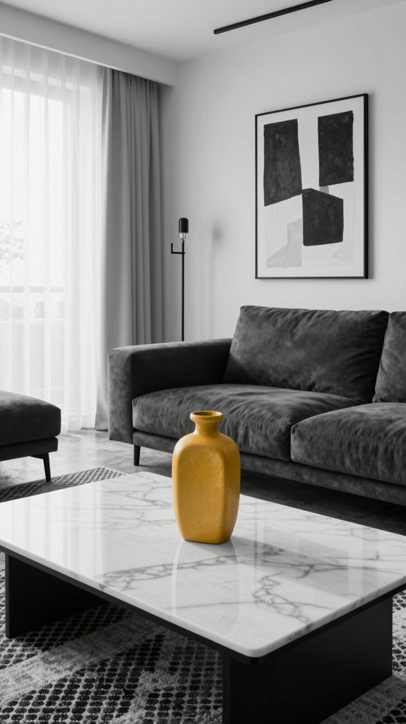 Black and White Interiors: Accent Colors That Complete the Look 7 mustard accented monochrome interior