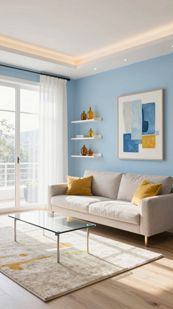 Sky Blue Interior Color Combinations for Light and Airy Rooms 8 mustard accents energize sky blue