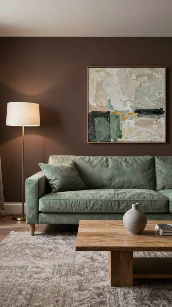 muted green on dark brown