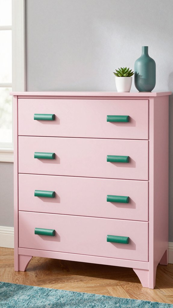 pastel pink dresser with green hardware