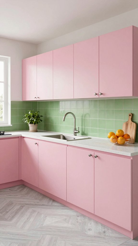 pink cabinets sage backsplash