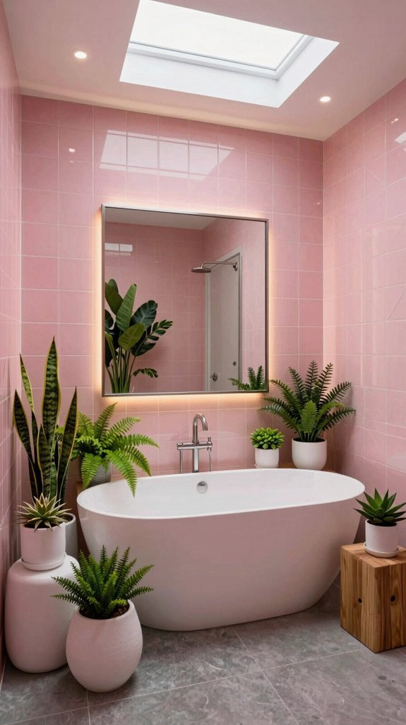 pink tiles green plants