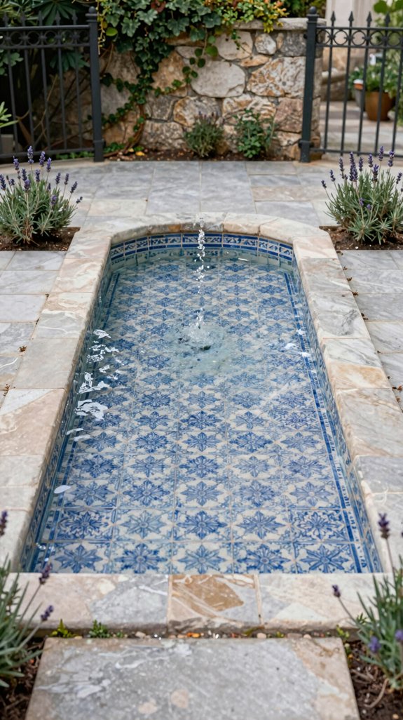 21 European Backyard Ideas for a Charming Outdoor Space 14 portuguese tile fountain centerpiece