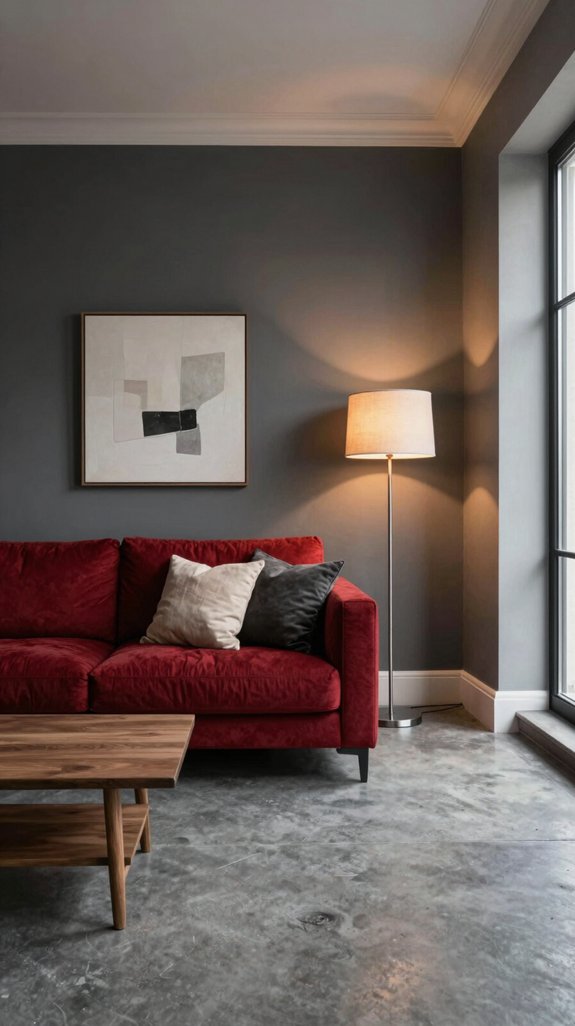 red sofa charcoal walls