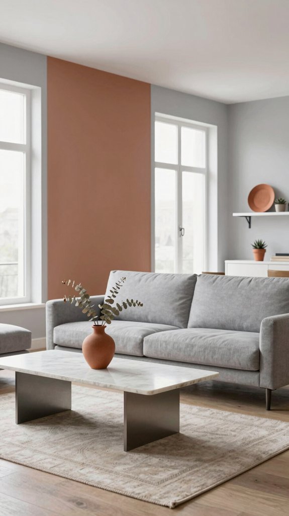terracotta accented grey white interiors