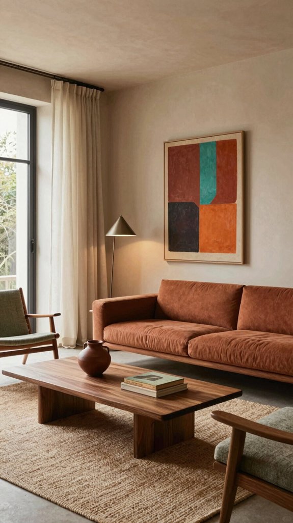 18 Mid-Century Modern Living Room Design Ideas 12 warm earthy tones accented