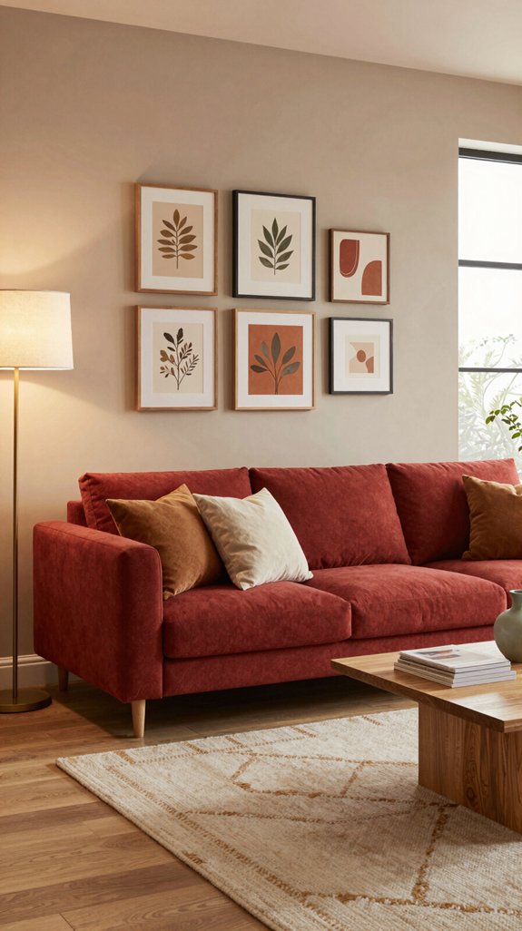warm neutrals accentuate red sofa
