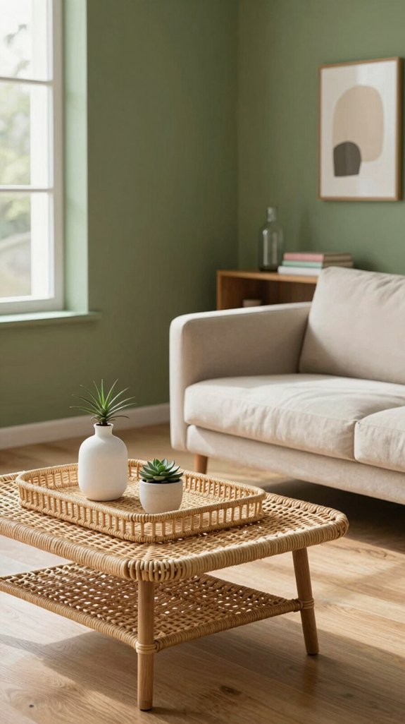 Olive Green Interior Color Pairings That Feel Natural and Relaxed 8 woven rattan airy accents