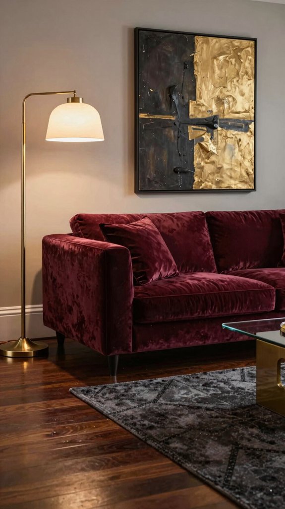brass chandelier over aubergine sofa