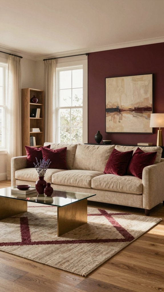Beige Living Room Color Pairings That Add Depth and Interest 10 burgundy accents enrich beige