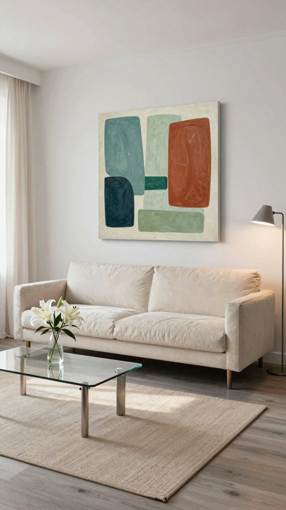 Cream Sofa Color Combinations That Elevate Neutral Spaces 13 echo accent hues with abstract artwork