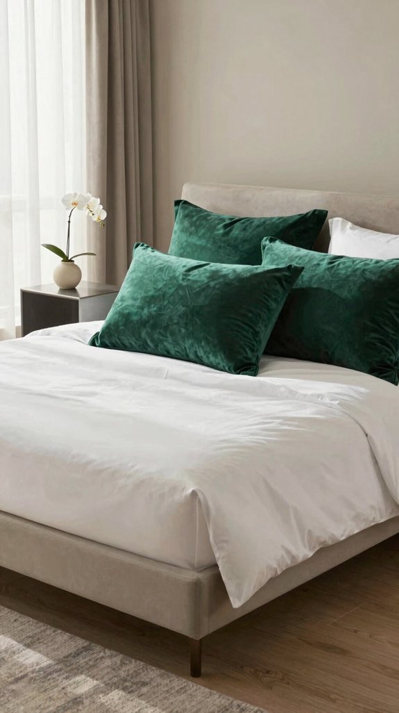 emerald pillow accentuates neutral bedding