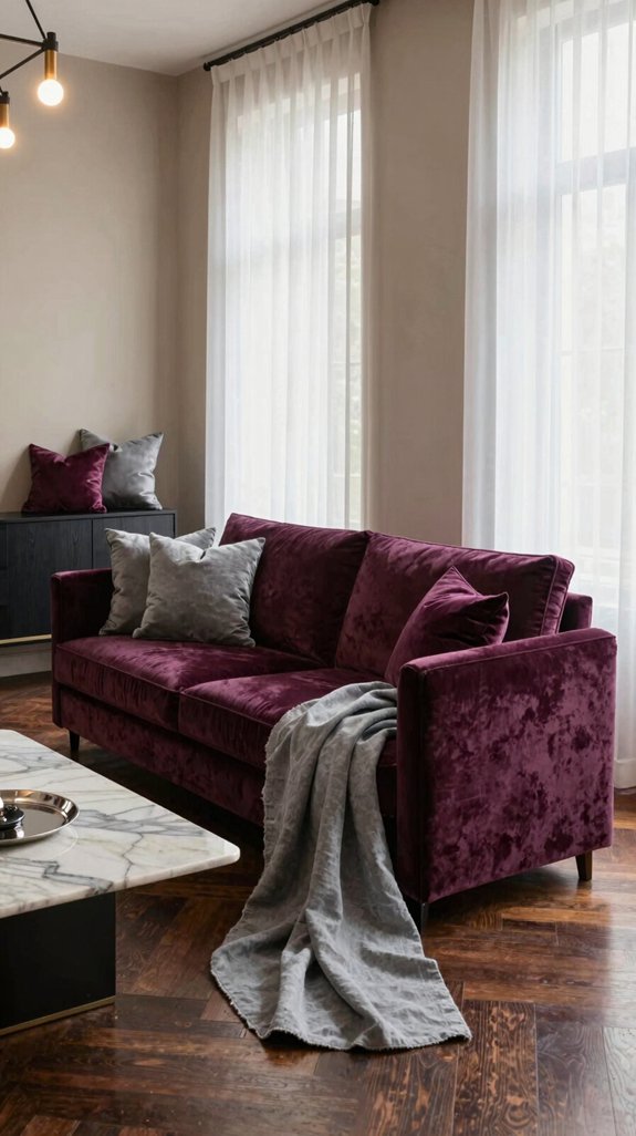 gray textiles complement aubergine sofa