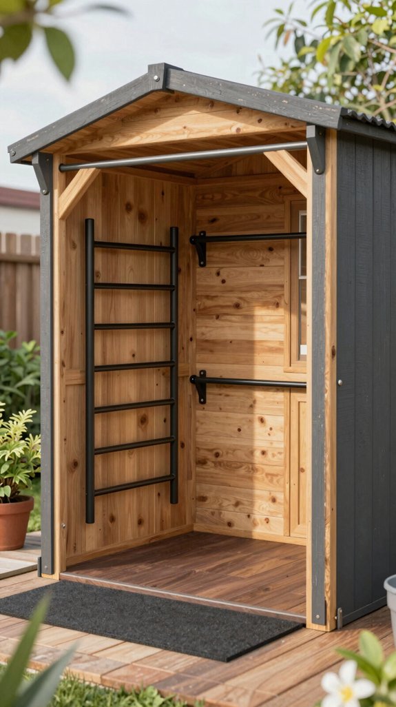 17 Backyard Gym Shed Ideas for Outdoor Fitness Spaces 9 integrated shed wall workout station