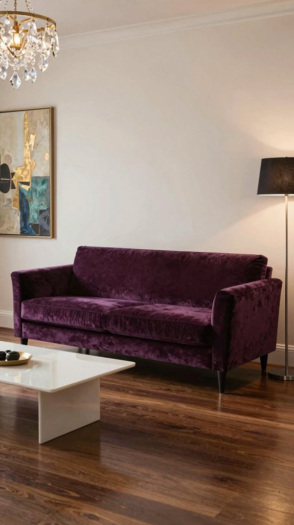 ivory walls elevate aubergine sofa