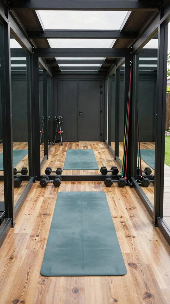 17 Backyard Gym Shed Ideas for Outdoor Fitness Spaces 14 mirror tiled modular fitness zone