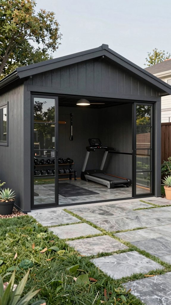 17 Backyard Gym Shed Ideas for Outdoor Fitness Spaces 16 motorized garage to gym transformation