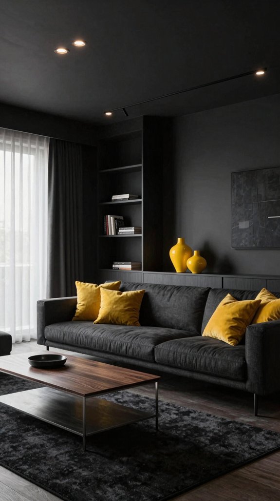mustard accents brighten dark interiors