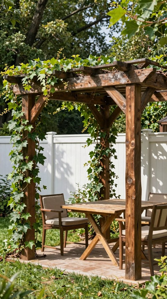 rustic wood pergola with ivy