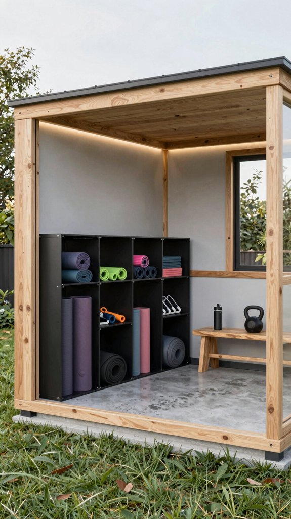 17 Backyard Gym Shed Ideas for Outdoor Fitness Spaces 11 sliding bins storage solution