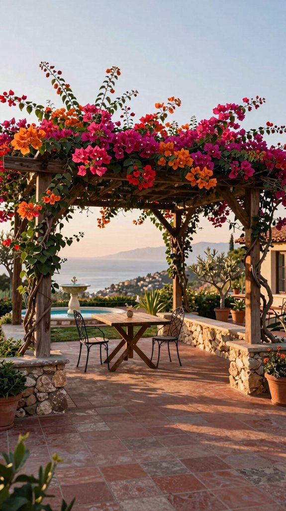sturdy pergola with bougainvillea