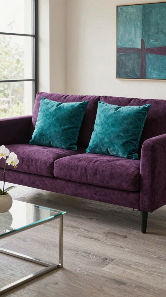 teal accents on aubergine sofa