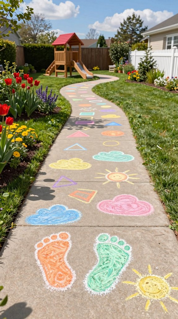 21 Kids Backyard Ideas for Fun Outdoor Play Areas 7 washable chalk adventure pathway